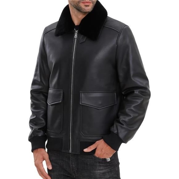 Men's Aviator Lambskin Leather Jacket With Removable Fur Collar - Picture 1 of 6